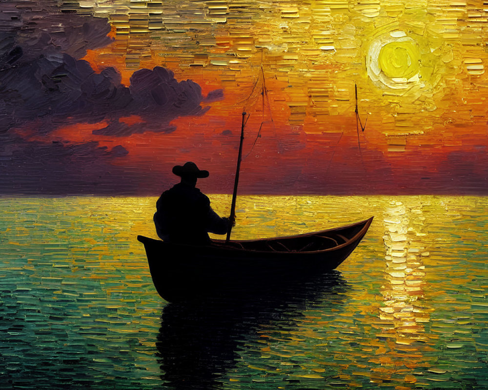 Silhouette of Person Fishing on Boat at Vibrant Sunset