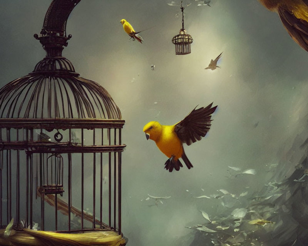 Golden bird flying from open cage in mystical foggy setting