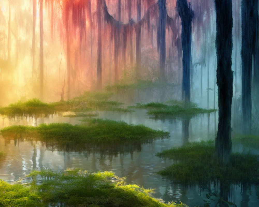 Sunlit Foggy Swamp Surrounded by Lush Greenery