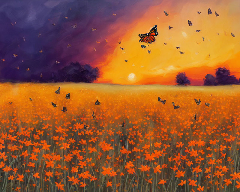 Colorful sunset sky with purple to orange gradient, orange flowers, and flying butterflies.