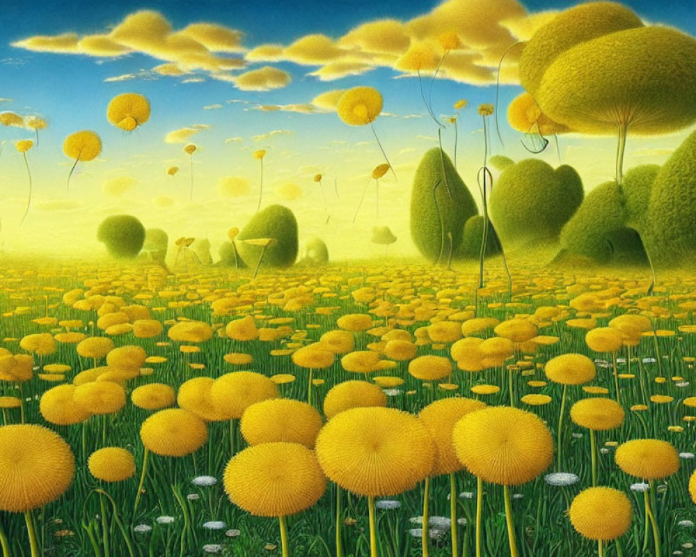 Whimsical landscape with heart-shaped trees and yellow flowers