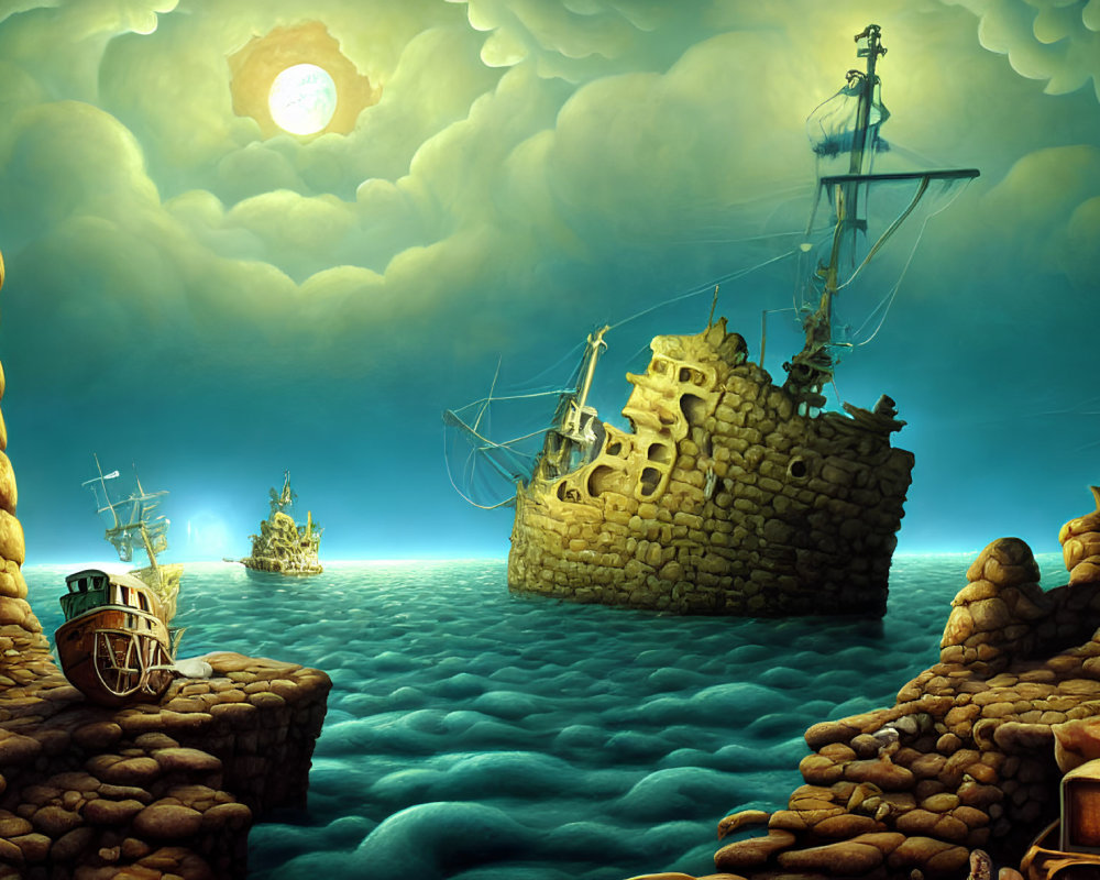 Maritime surreal scene with ships, ruins, stone-like sea, cloudy sky, and glowing celestial body