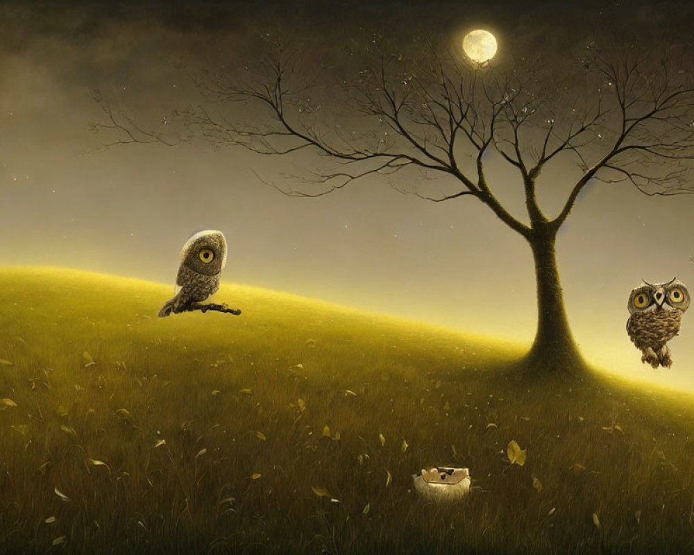 Stylized owls under moonlit sky with tree and lantern