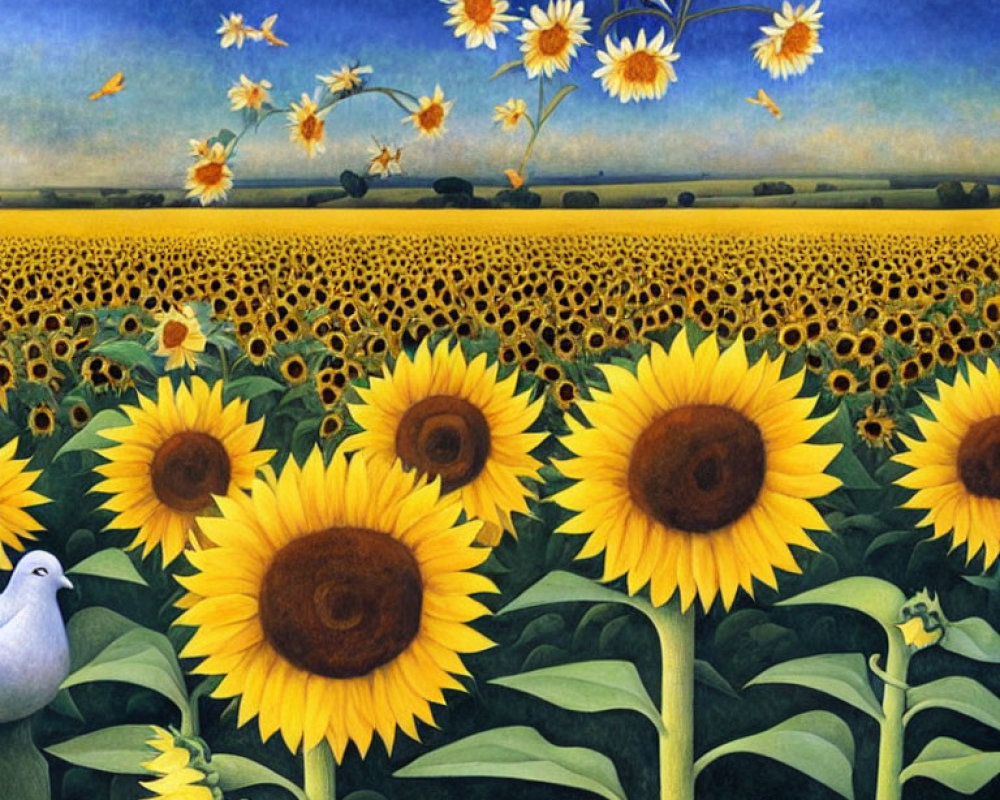 Sunflower Field Painting with Dove on Stem