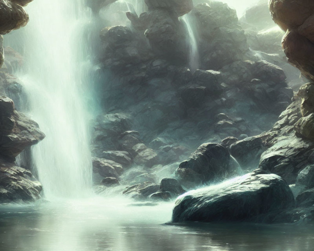 Tranquil waterfall scene with mist and soft light