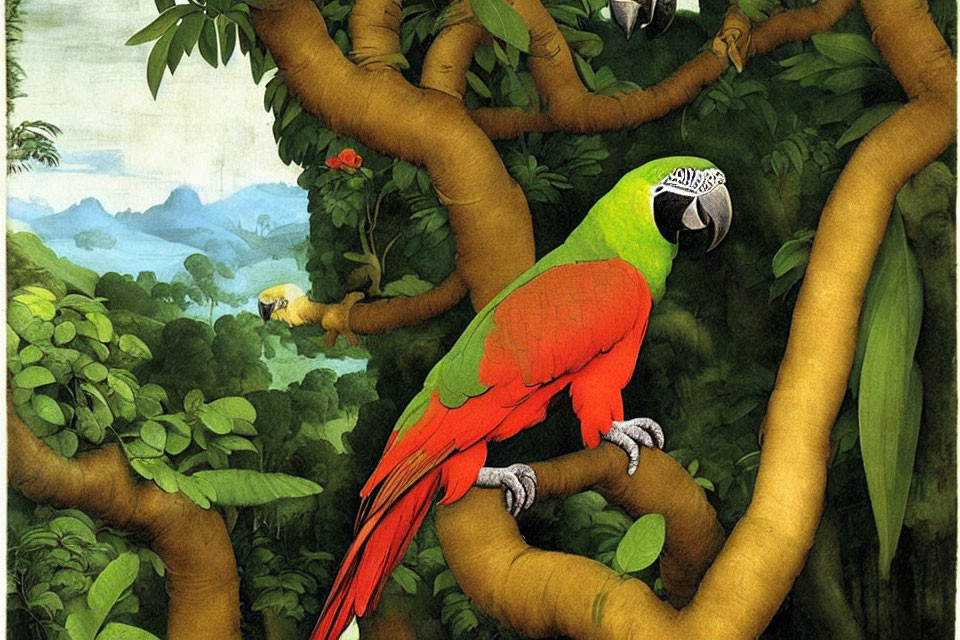 Colorful parrot perching in lush forest with green leaves and another bird.