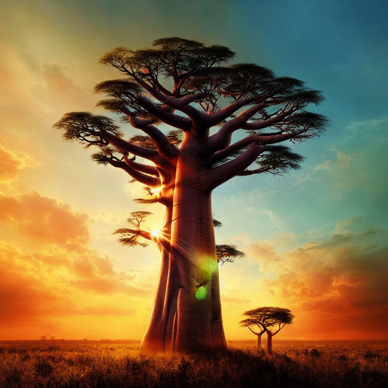 Majestic baobab tree in African savannah at sunset