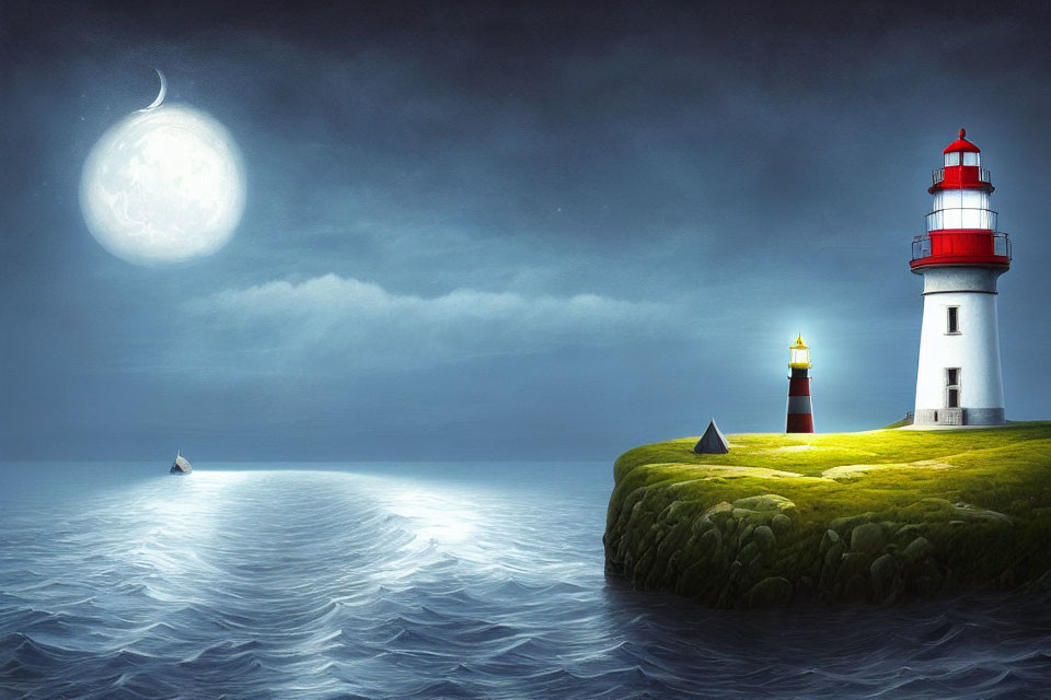 Tranquil ocean night with full moon, lighthouse, and sailing boat