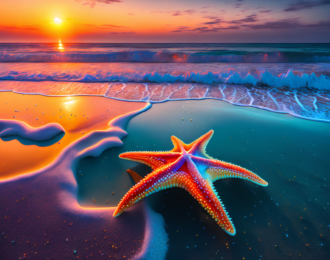 Colorful Starfish on Sandy Beach at Sunset Seascape