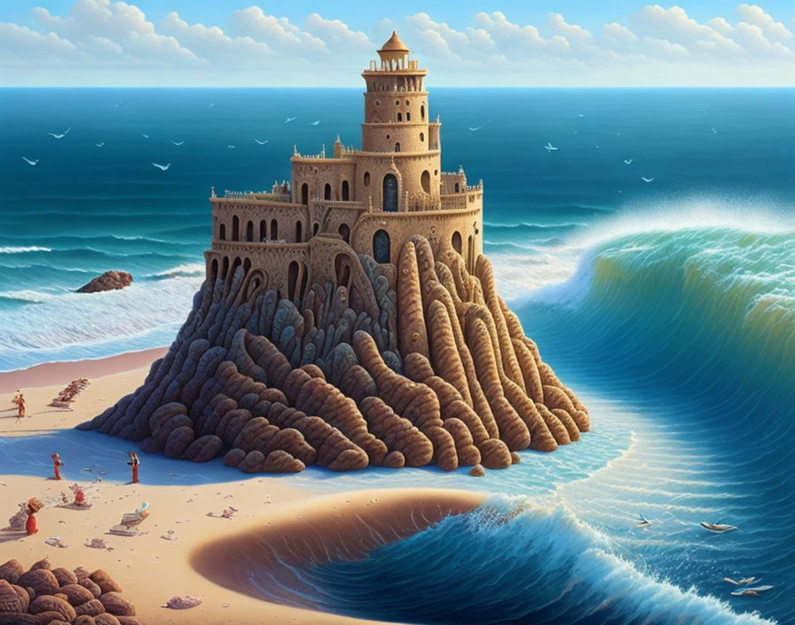 Intricate sandcastle on beach with waves and seagulls