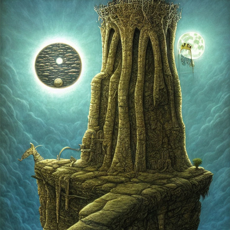 Stone tower on floating island under moonlit sky with glowing tree in hot air balloon