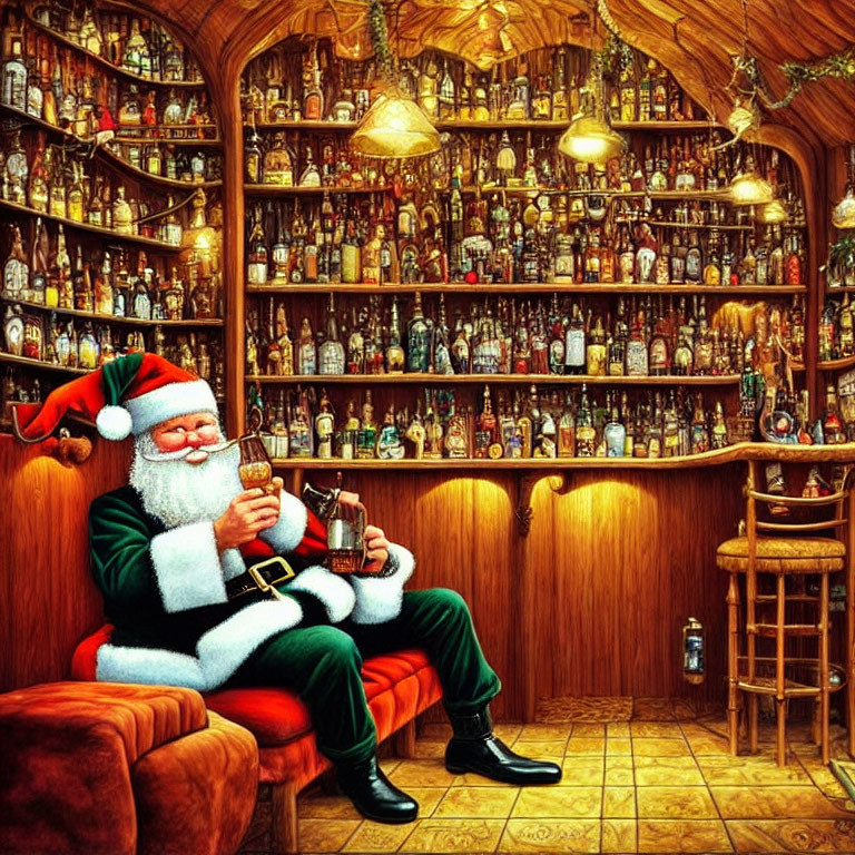 Santa Claus Toasting in Cozy Bar with Bottles
