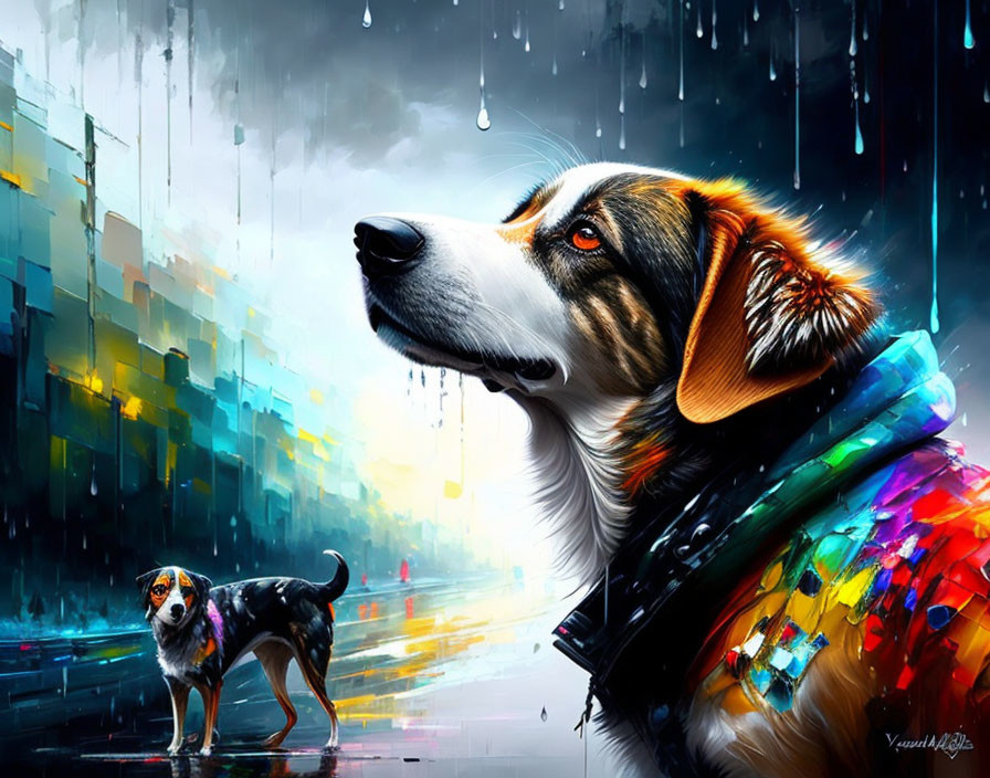 Vibrant digital artwork: Dog in scarf, rain-soaked city street