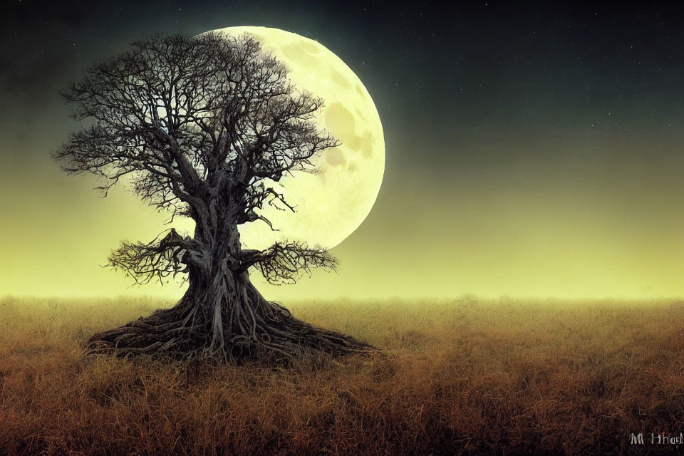 Gnarled tree under full moon in starry sky with golden field
