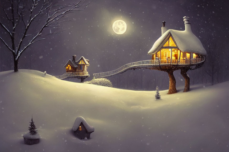 Unique Stilted House in Snowy Landscape with Full Moon