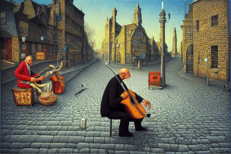 Street musicians play cello and drums on cobblestone street with historic buildings under gloomy sky