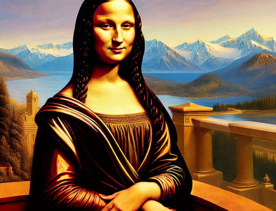 Digital art: Mona Lisa portrait merged with mountain landscape