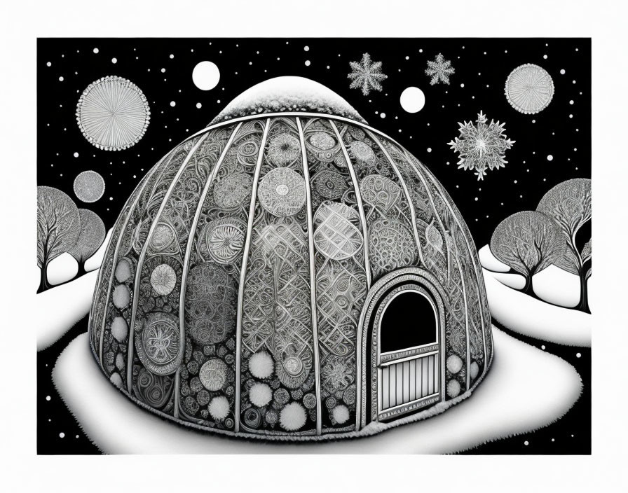 Monochrome dome-shaped structure with intricate patterns in snowy landscape