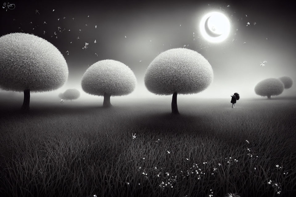Monochrome fantasy landscape with surreal trees, moon, and lone figure