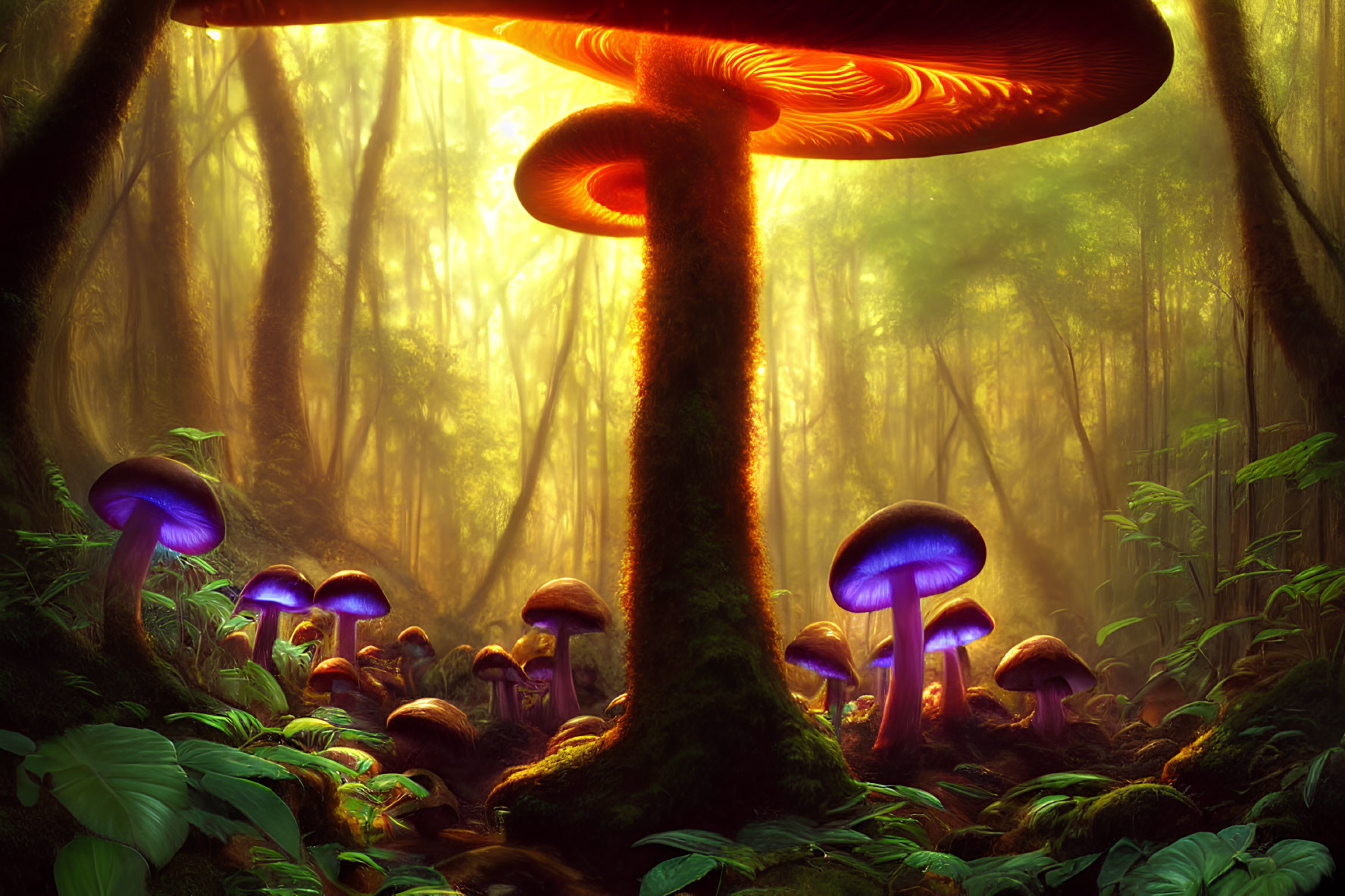 Luminous oversized mushrooms in enchanting forest scene