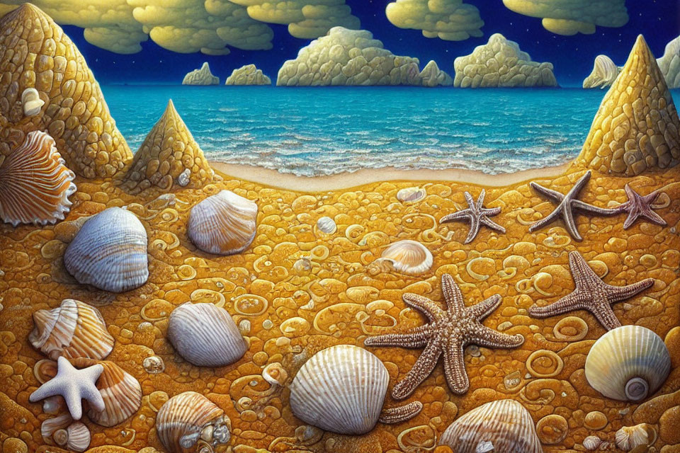 Illustrated beach scene with starfish, seashells, turquoise sea, unique clouds, and cone
