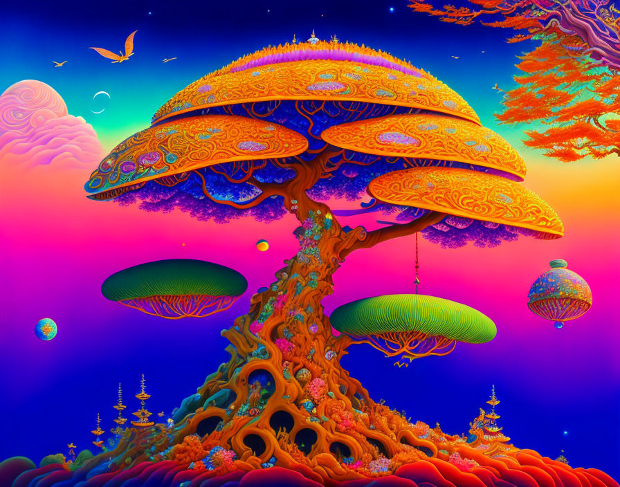 Colorful Psychedelic Artwork: Fantastical Tree with Mushroom Canopies