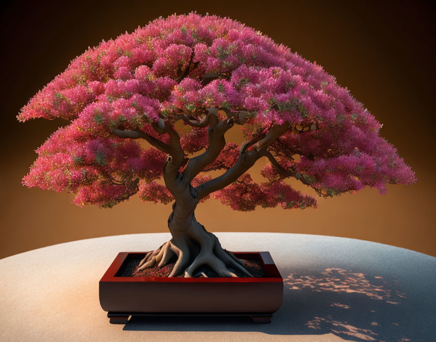 Pink leaf bonsai tree on wooden base against warm gradient.