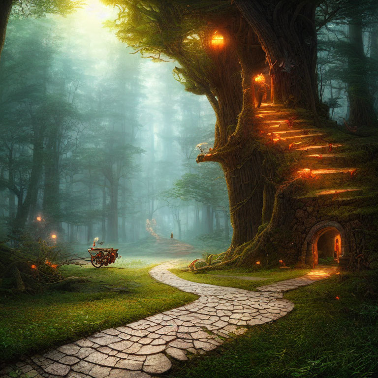 Enchanting forest with cobblestone path, glowing treehouse, and bicycle.