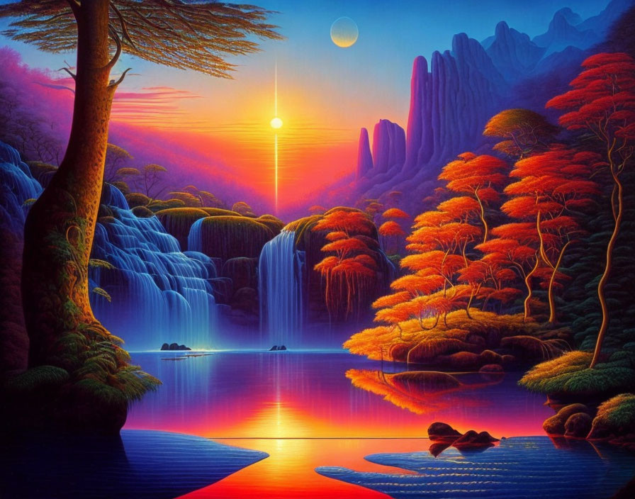 Scenic landscape with sunset sky, waterfalls, autumn trees, lake, and mountains.