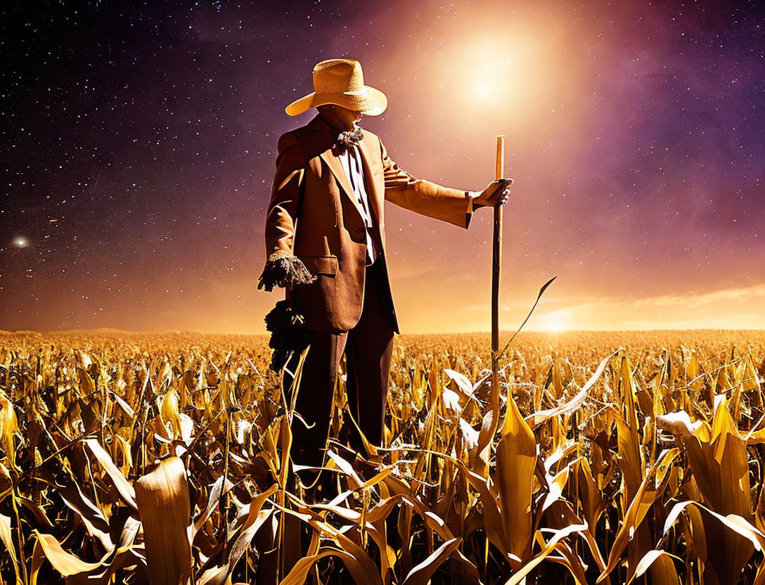 Scarecrow silhouette in cornfield under starry sky