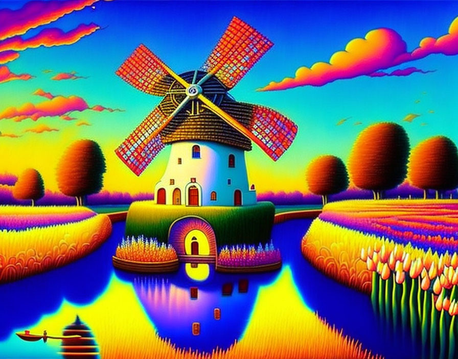 Colorful landscape with windmill reflected in water, vibrant fields, surreal sky