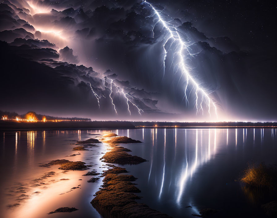 Intense lightning strikes over calm lake at night