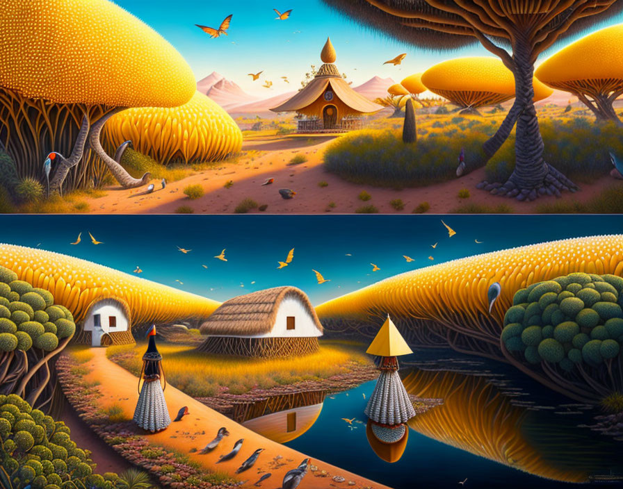 Surreal landscape with oversized mushrooms, whimsical houses, reflective river, and birds