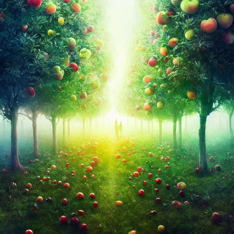 Orchard scene with colorful apples and misty ambiance