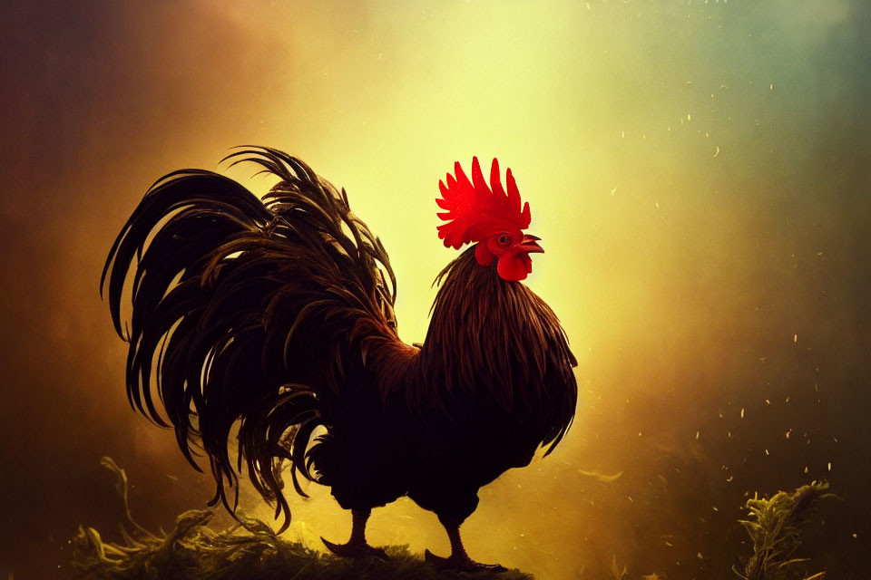 Majestic rooster with full plumage in golden sunlight