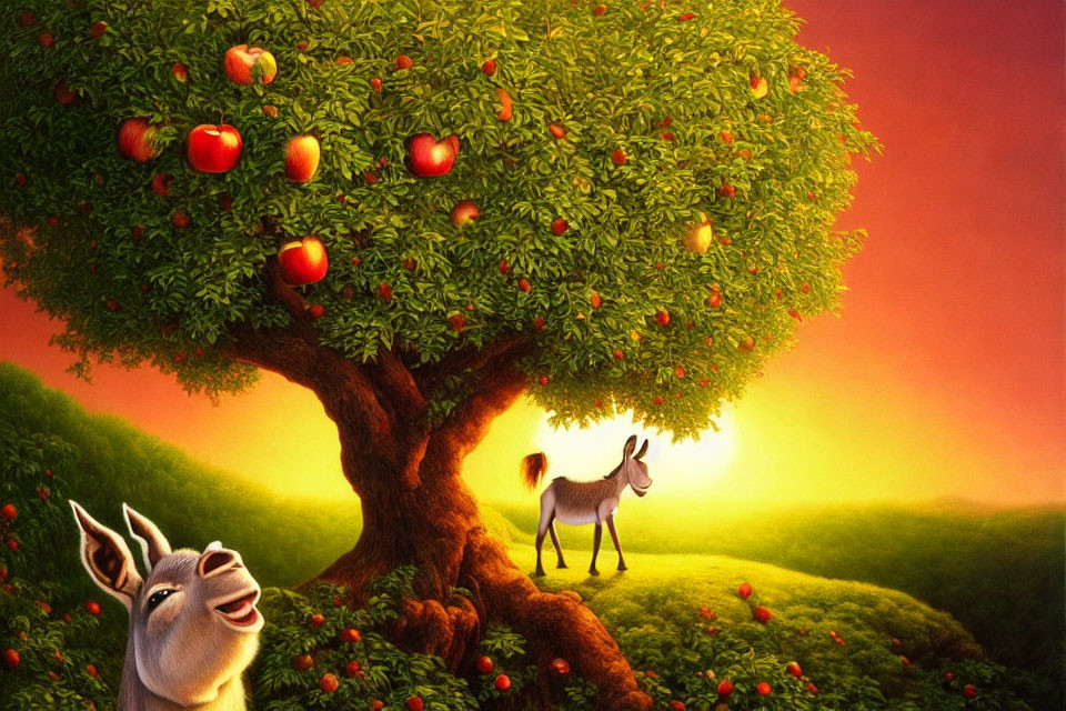 Smiling donkey under lush apple tree at sunset