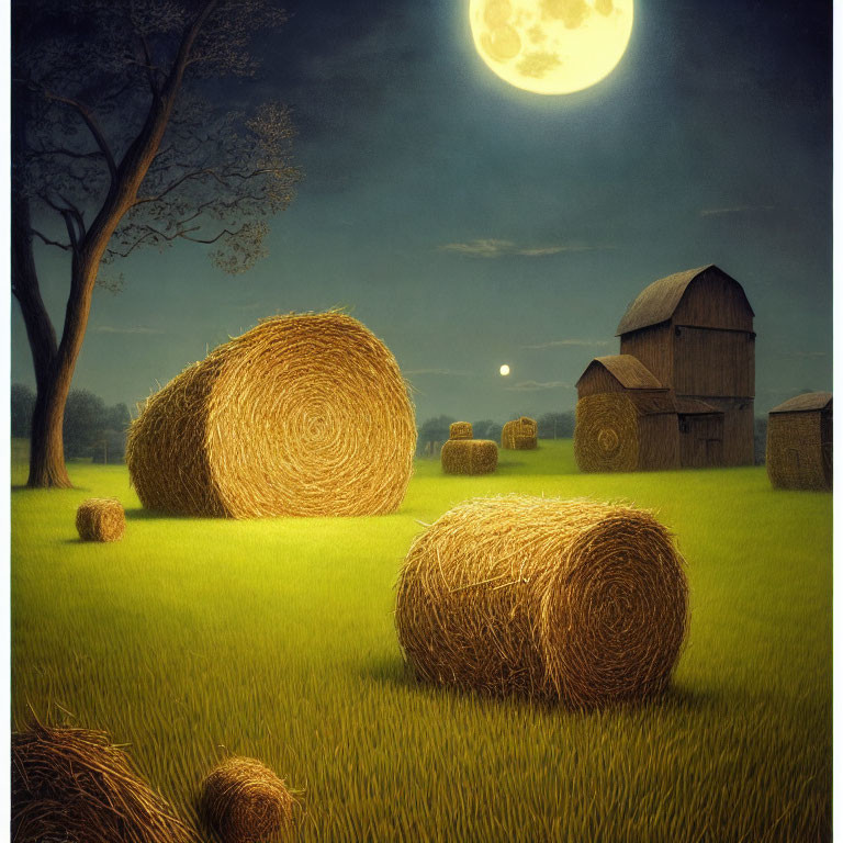 Rural landscape with hay bales, tree, and barns under moonlit night