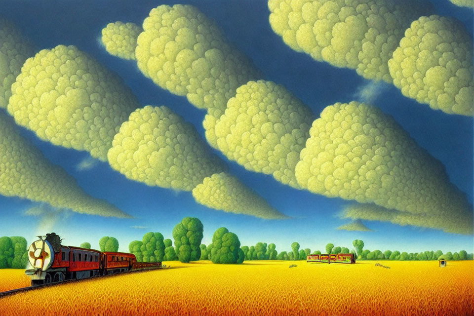 Colorful painting of a train in golden field under fluffy clouds
