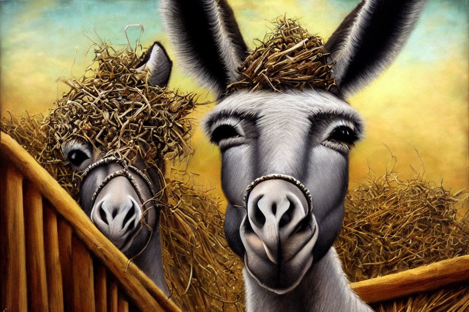 Two donkeys peek over wooden fence with hay, set against yellow background.