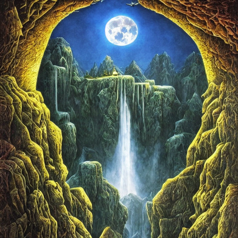 Fantastical landscape with cascade, cliffs, and full moon view.