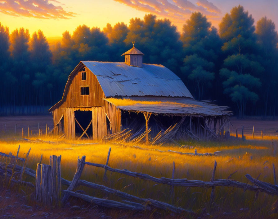 Decaying barn in golden field at sunrise with broken fence and forest backdrop.