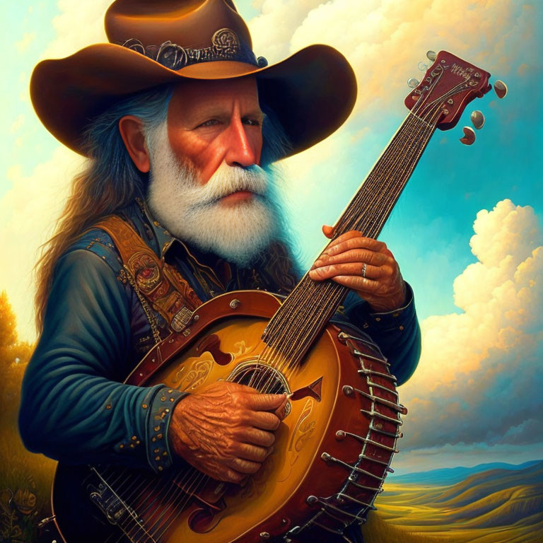 Elderly man with white beard plays banjo in cowboy attire against serene landscape