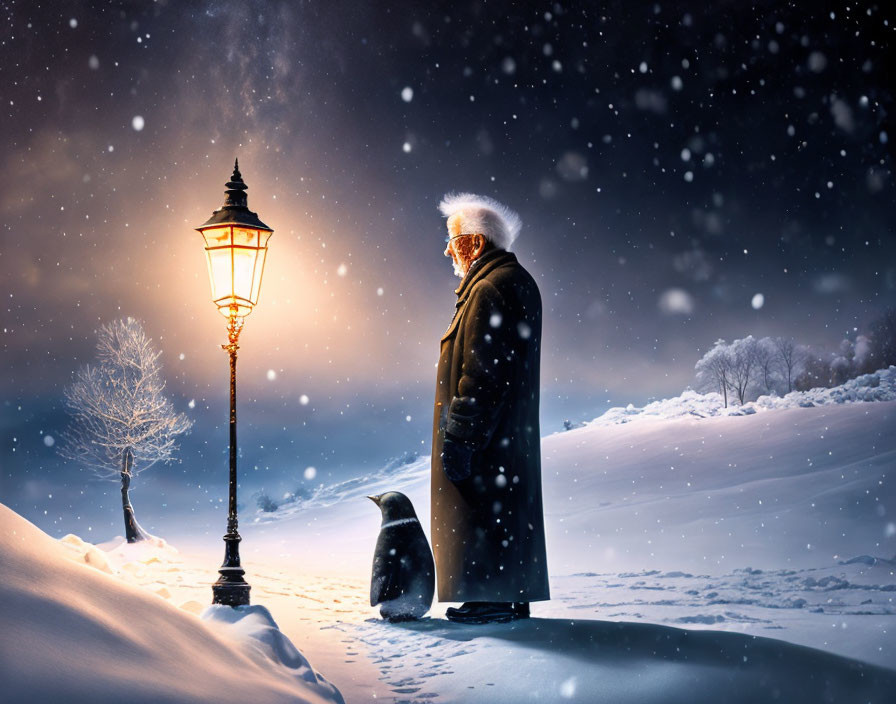 Elderly person with penguin in snow-covered scene at night
