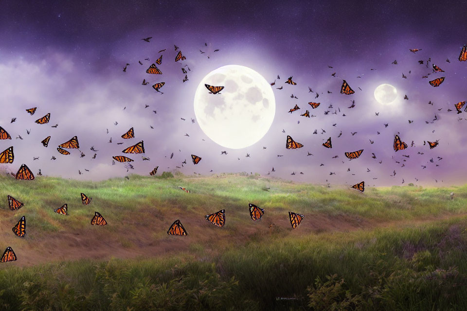 Landscape with two moons, purple sky, and butterflies at twilight