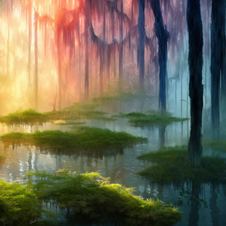 Sunlit Foggy Swamp Surrounded by Lush Greenery