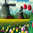Colorful Dutch landscape with windmills, tulip field, and blue sky