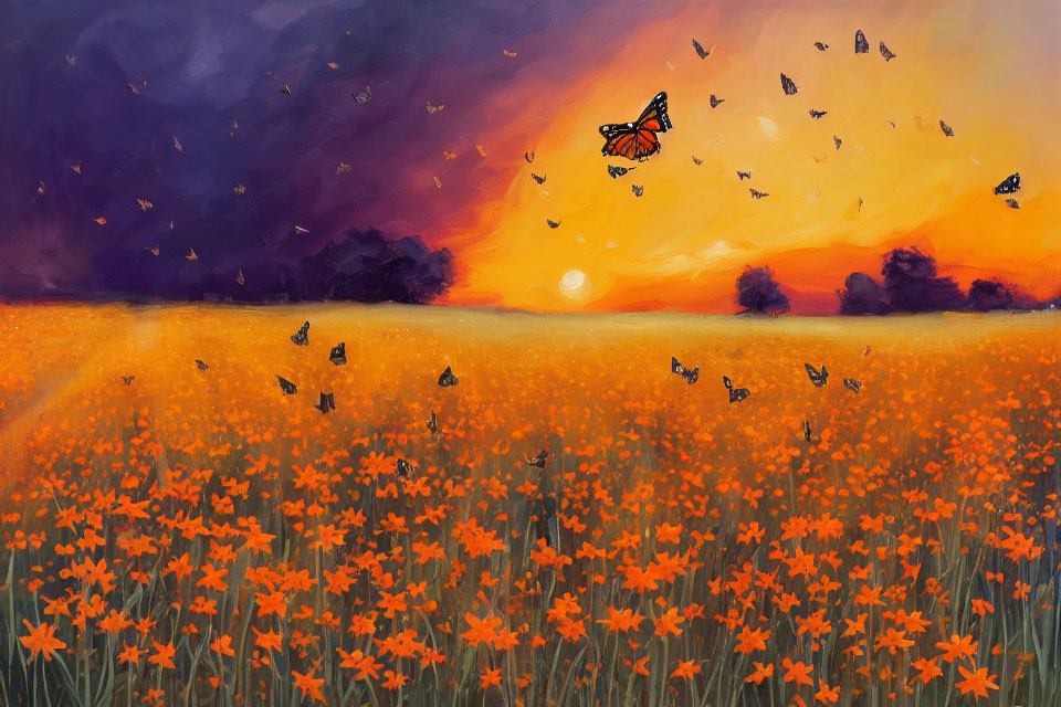 Colorful sunset sky with purple to orange gradient, orange flowers, and flying butterflies.