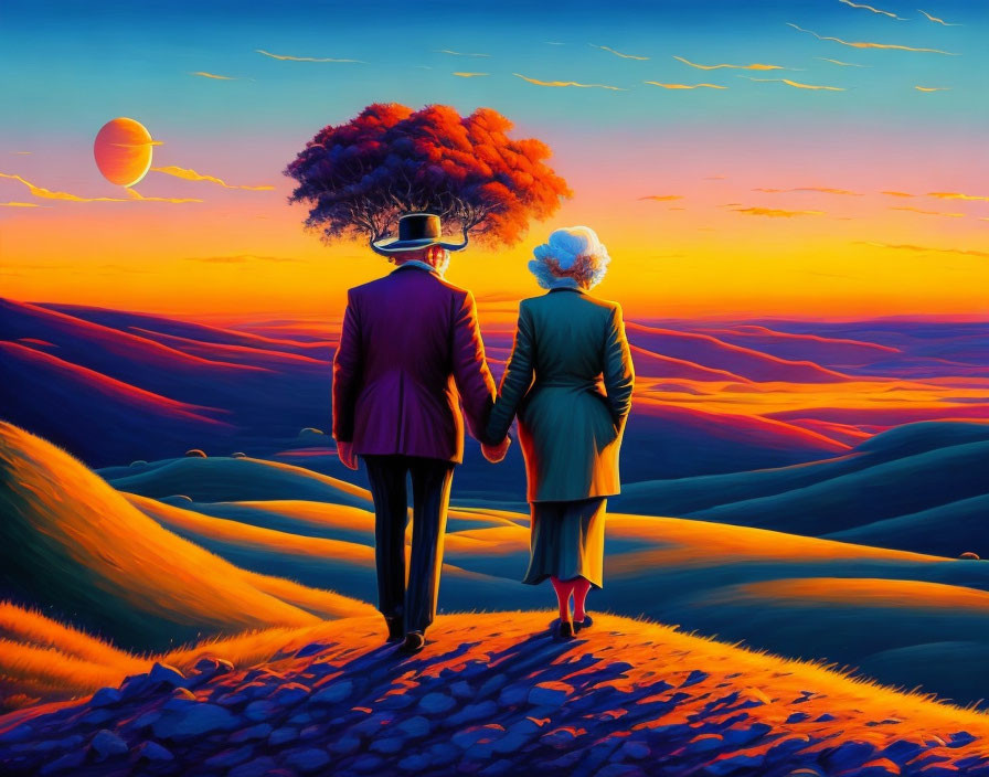 Elderly couple walking hand in hand through vibrant sunset hills