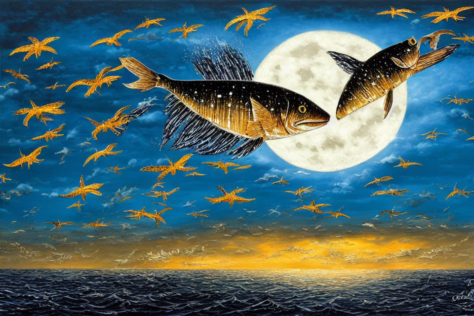 Large flying fish under full moon with smaller fish in night sky.