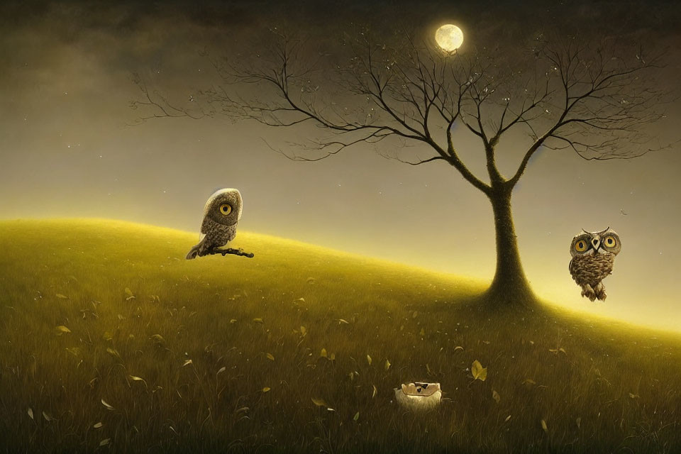 Stylized owls under moonlit sky with tree and lantern